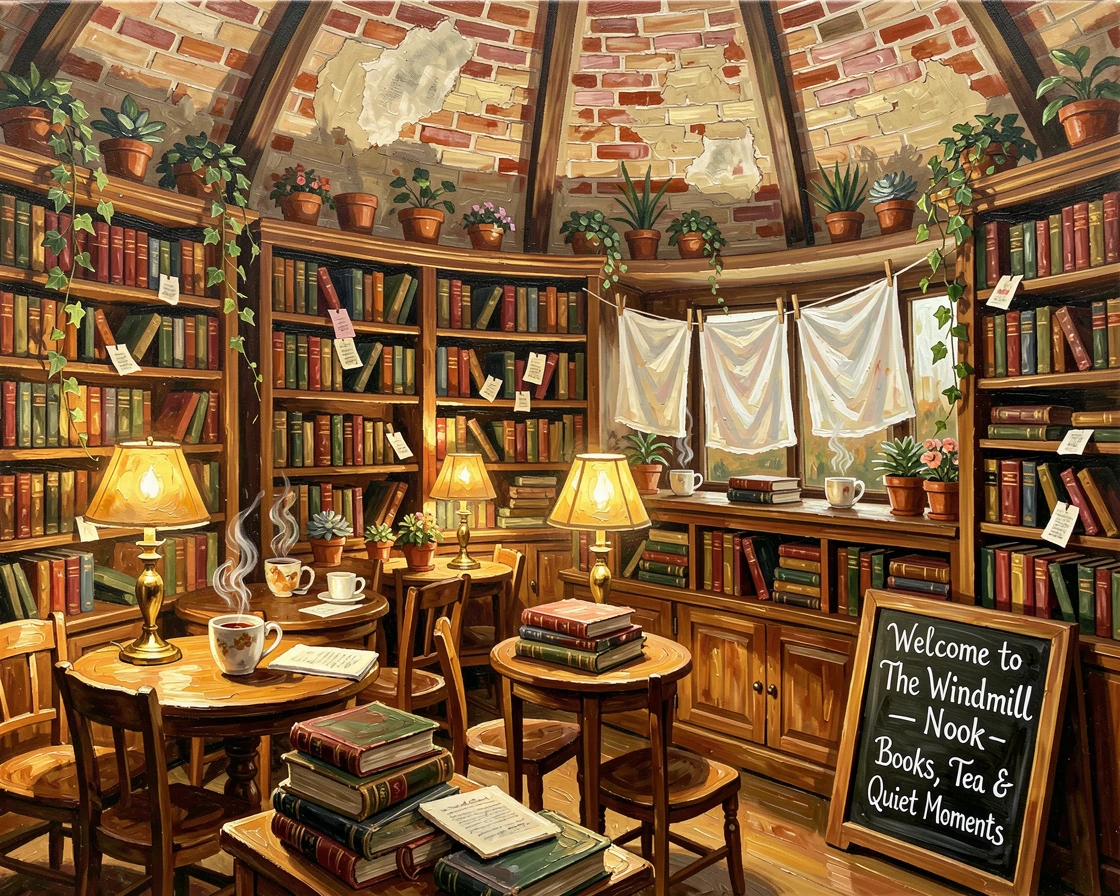 A cozy bookshop café in a converted windmill shows warm lamplight spilling onto stacks of books and steaming mugs of tea, small everyday details, like drying laundry or potted plants, giving the scene a lived-in warmth.