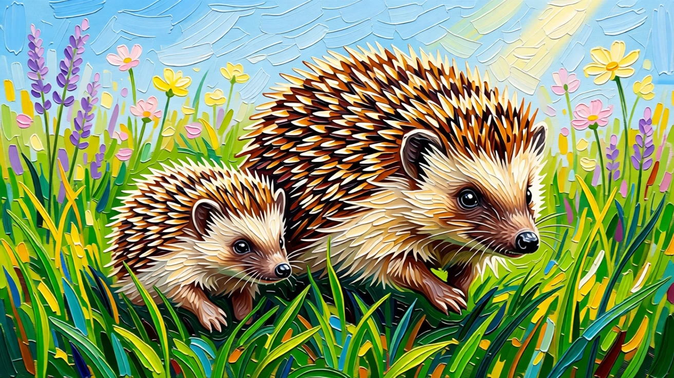 A heartwarming photo of a baby hedgehog following closely behind its mother across a green field