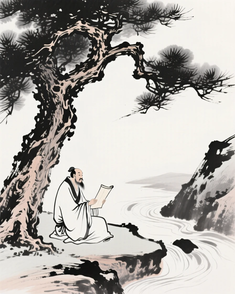 A scholar sits beneath a pine tree reading beside a mountain stream, beneath the shade of an ancient twisted pine.