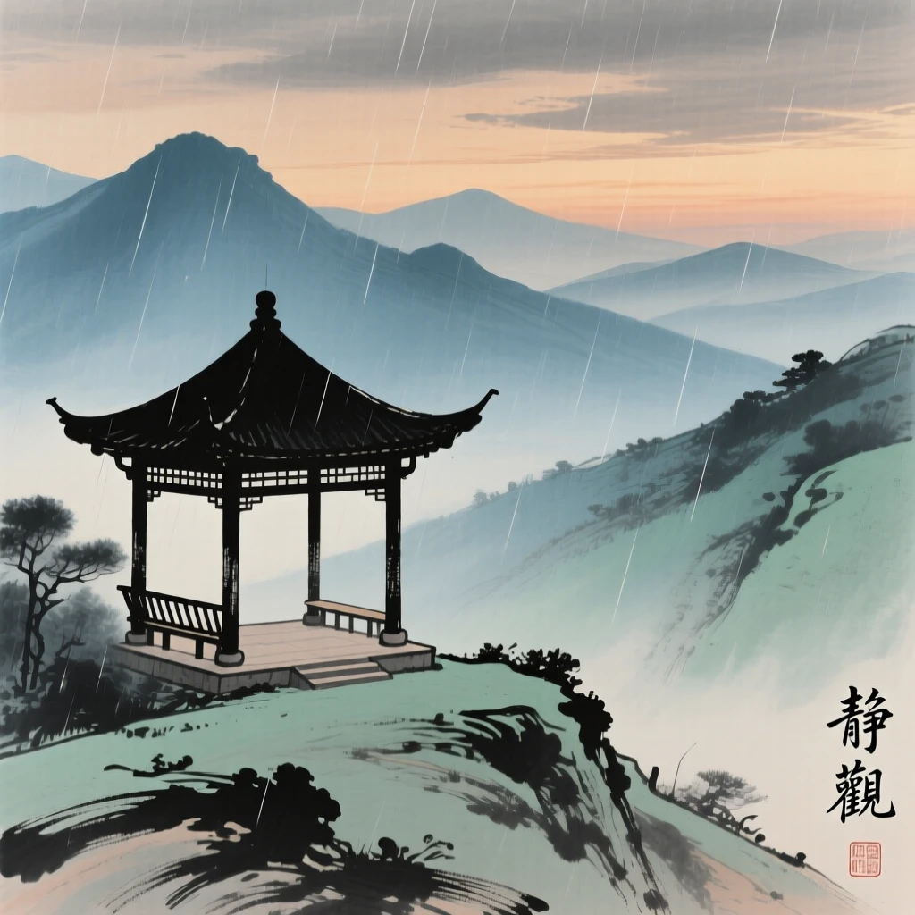 An empty pavilion overlooking mountains fading into evening haze, filled with tranquil stillness, through a curtain of fine rain.