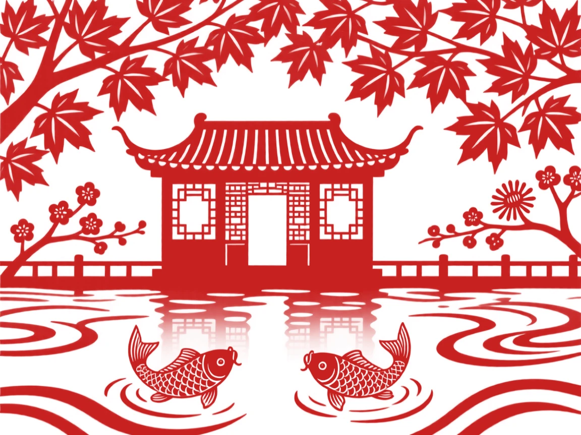 A riverside teahouse, beneath a canopy of autumn maple leaves, reflections rippling in the still water beside it.