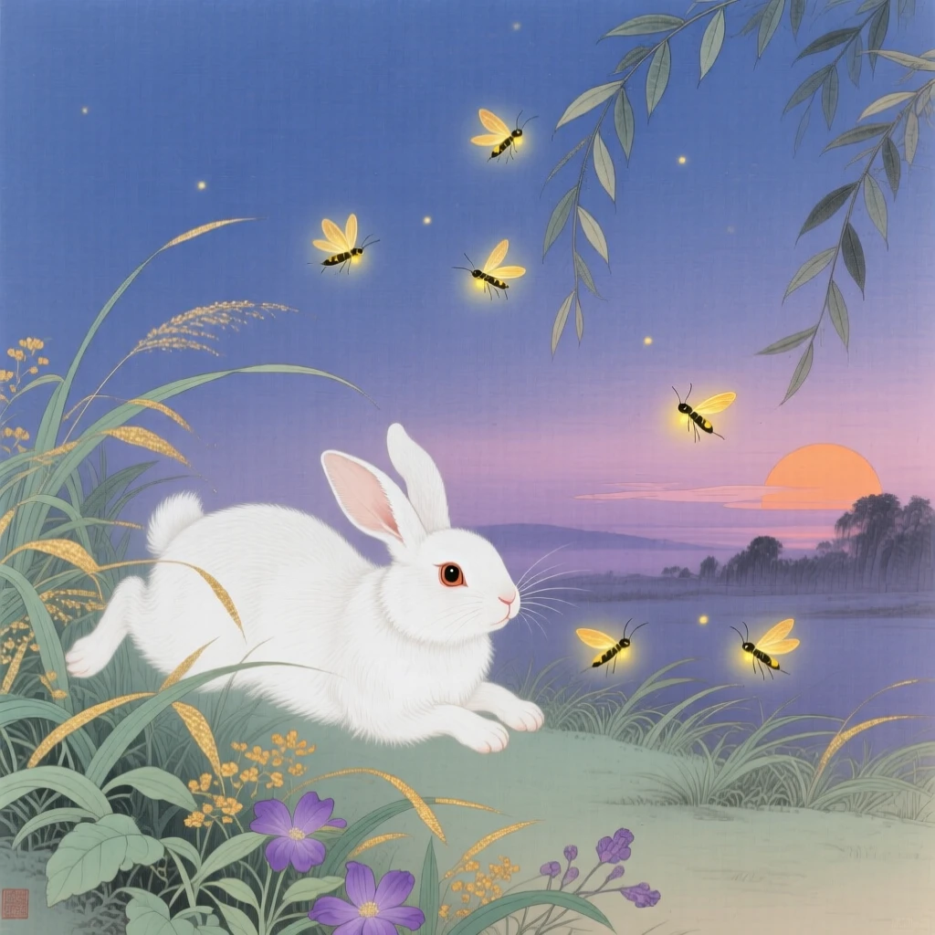 A rabbit chasing fireflies at twilight