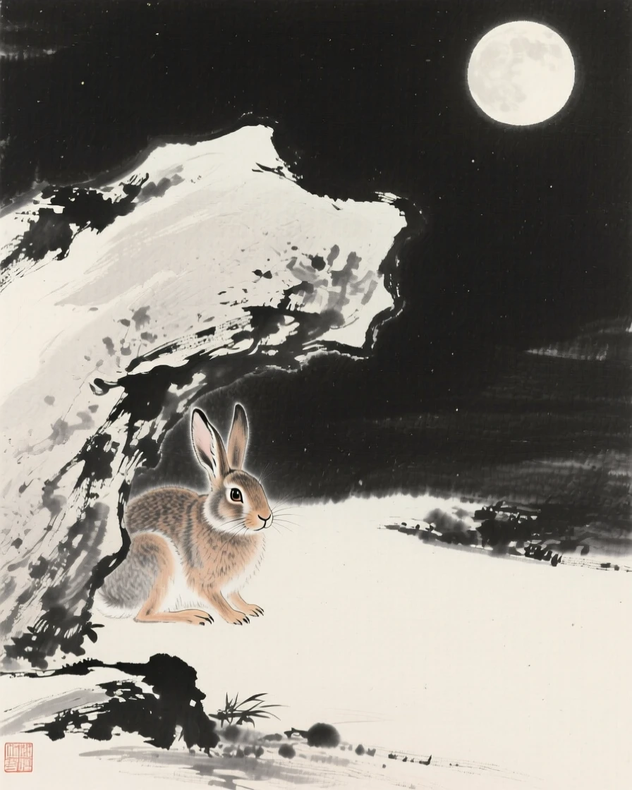 A hare sheltering beneath overhanging rock in a moonlit clearing, seen from a respectful distance within its natural surroundings, conveying quiet strength and natural grace.