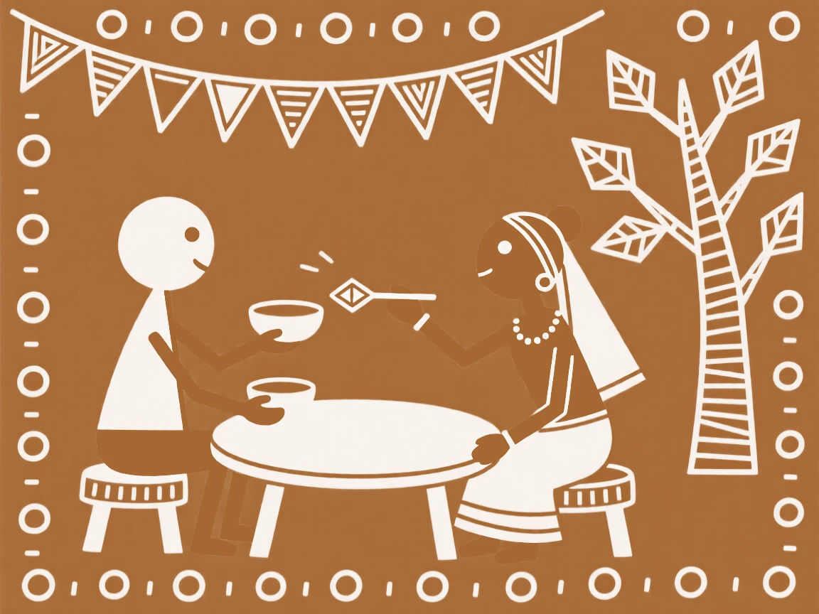 Two newlyweds feeding each other during a festive meal.