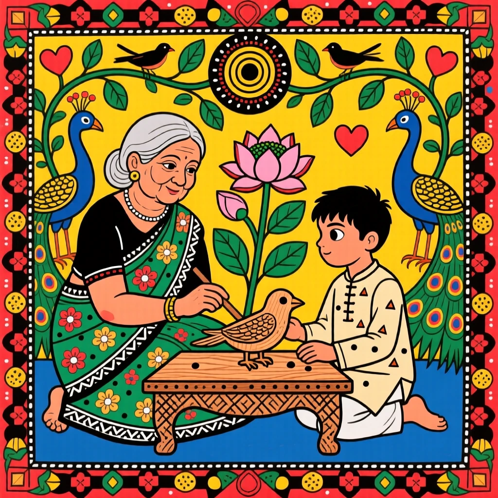 A grandmother teaching her grandson to carve a small wooden bird.