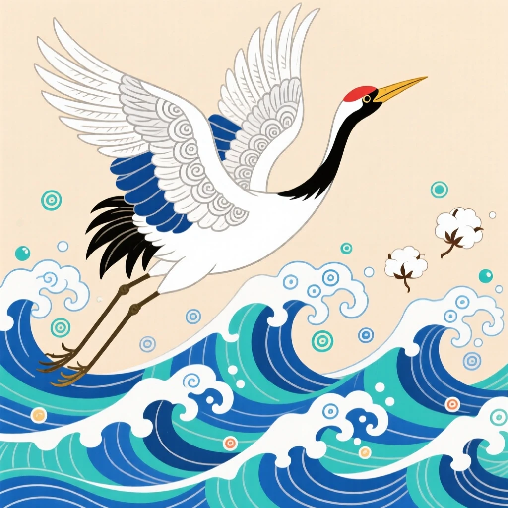 A snow-white crane, rising above crashing ocean waves.