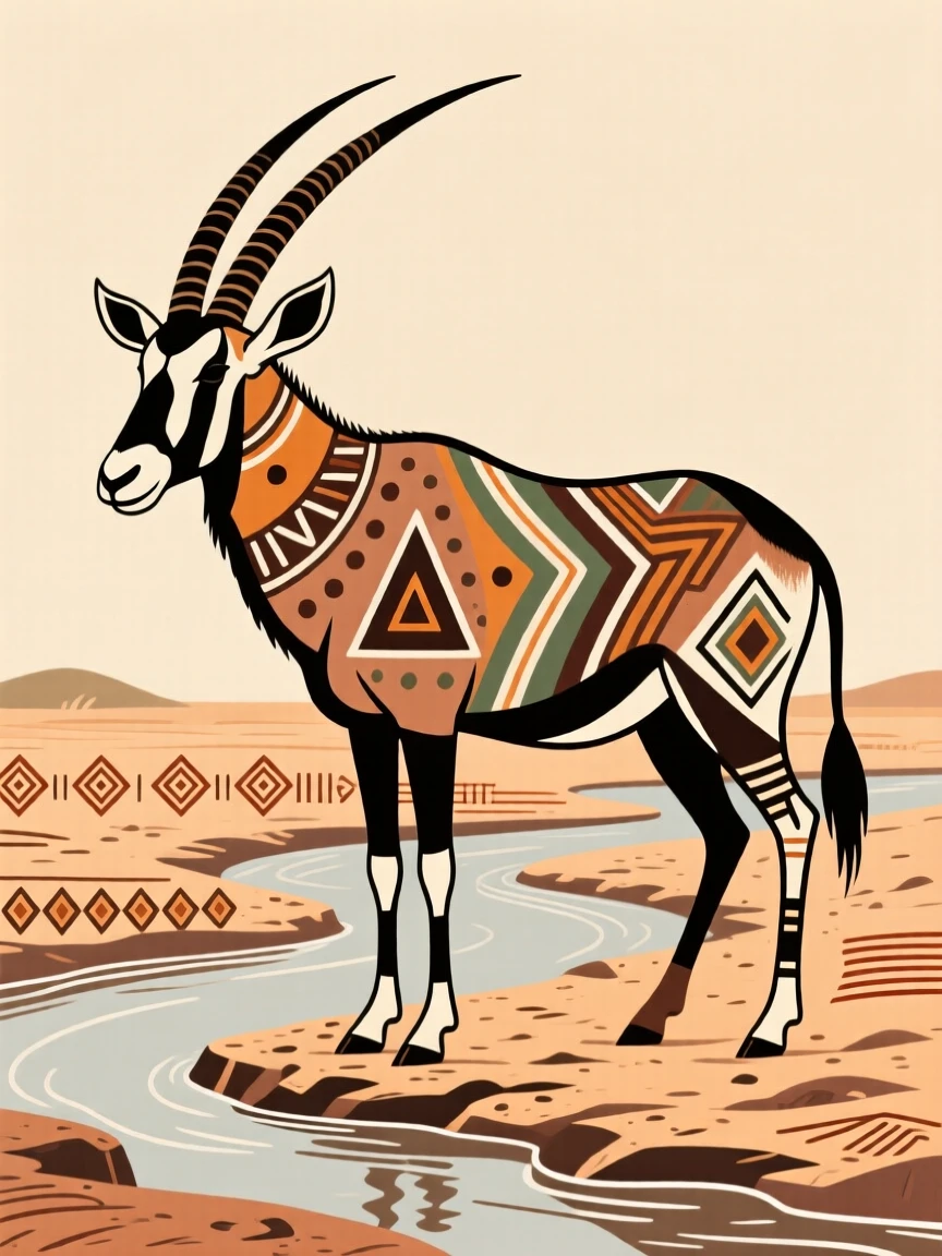 An oryx gathered near a dry riverbed.