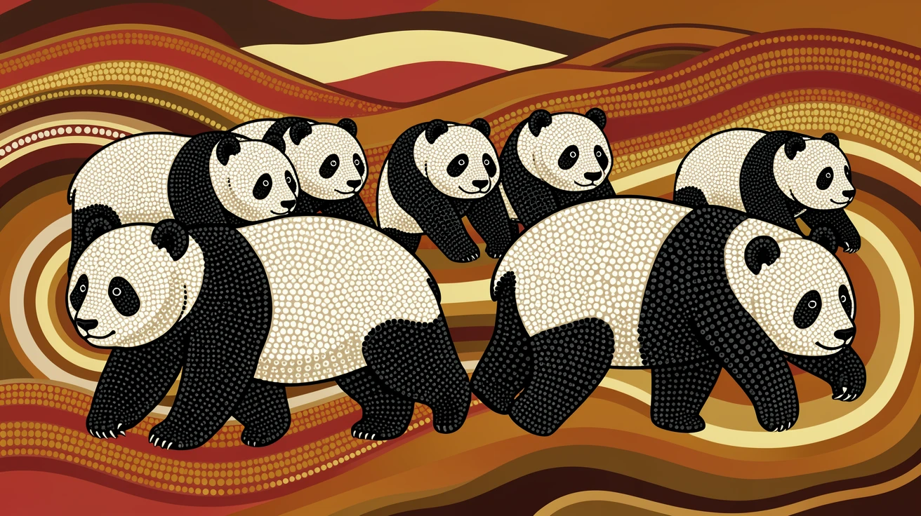 A herd of giant pandas migrating across the plains