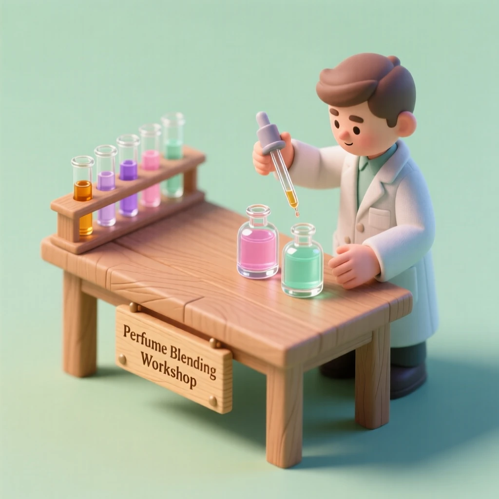 A perfume blending workshop with vials of essential oils lined up, a chemist mixing scents in delicate glass bottles.