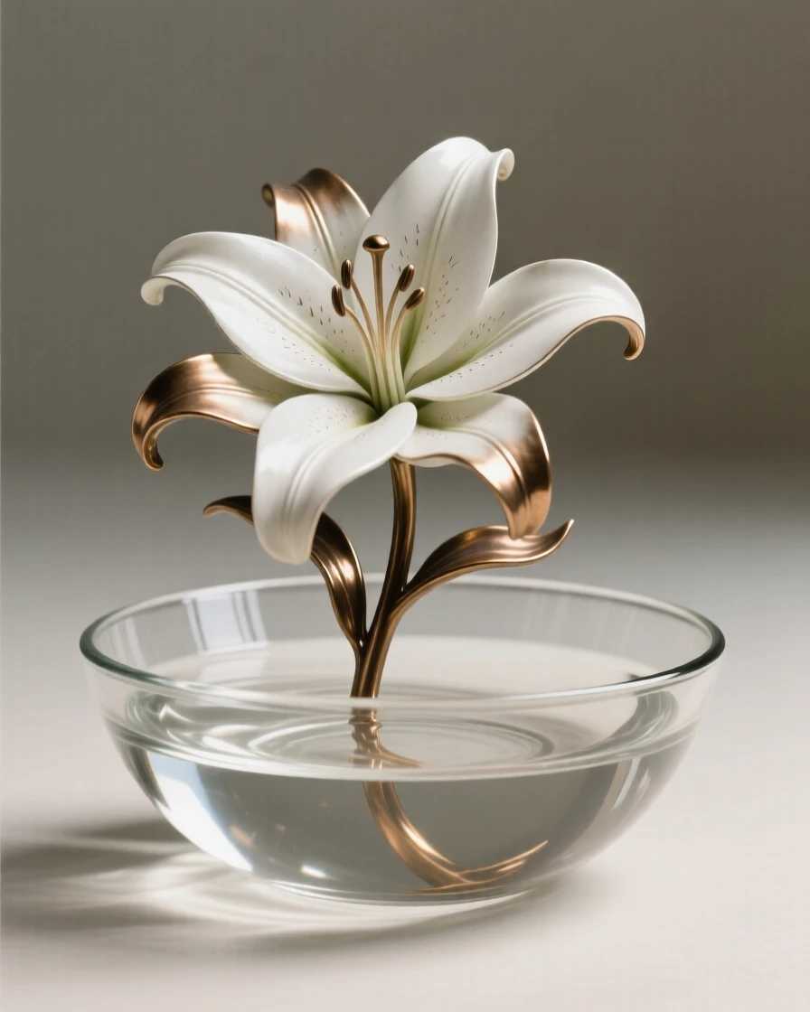 A single white lily floating in a shallow glass bowl, rendered with soft natural light and rich texture, forming an elegant, balanced composition