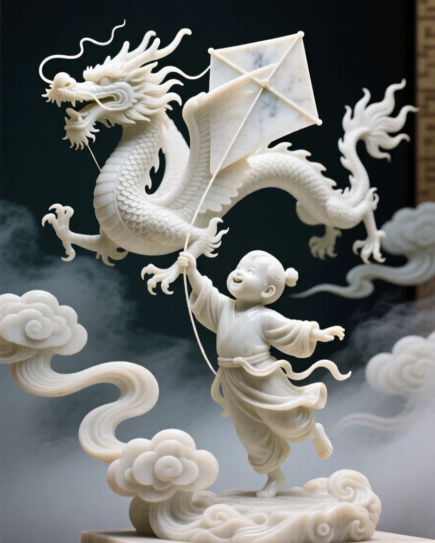 A beautifully composed image of a child flying a kite shaped like a dragon, amid swirling clouds and mist, full of atmosphere and visual storytelling