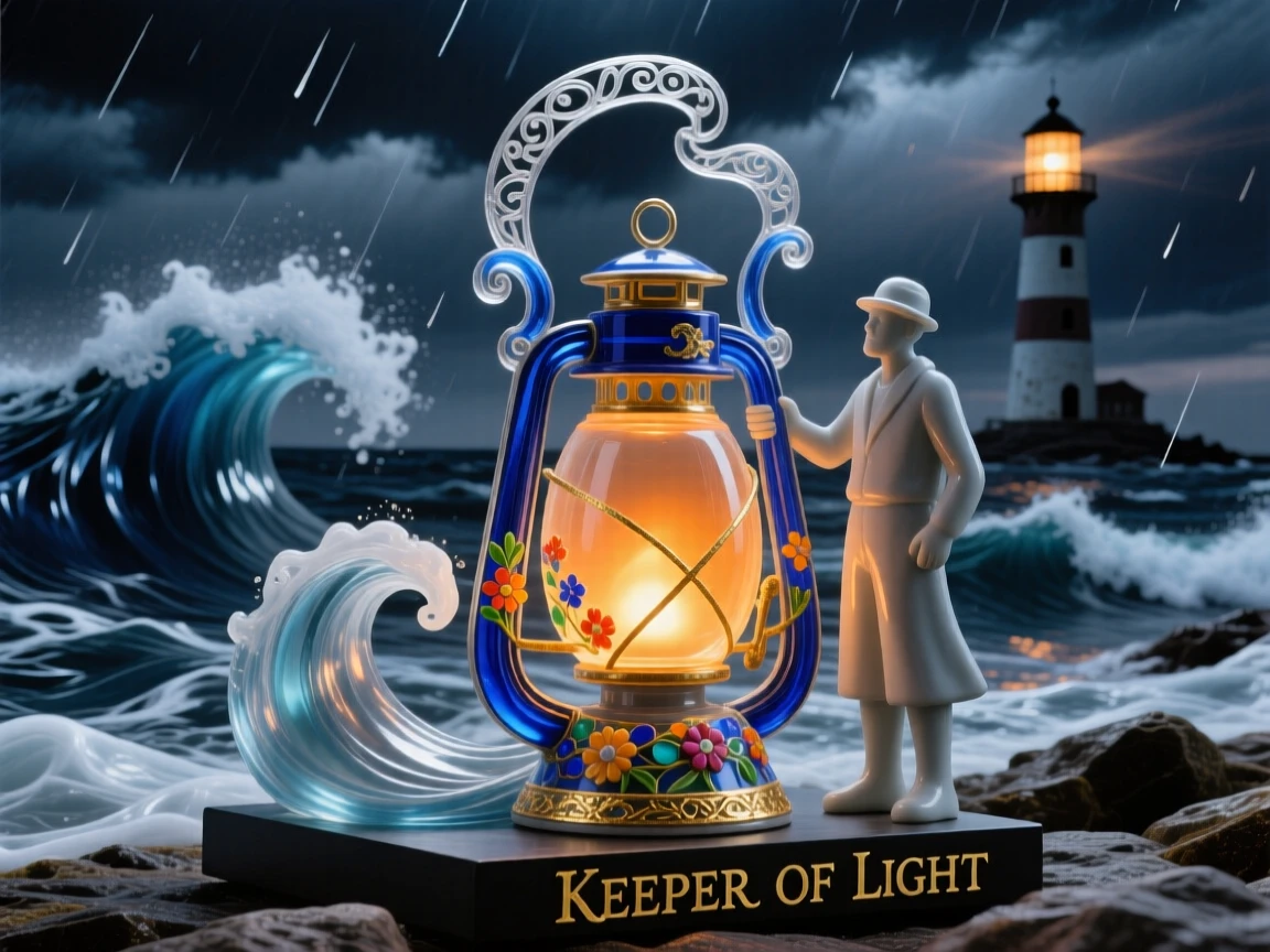 A lone lighthouse keeper's lantern glowing against a raging nighttime storm, resilient and dramatic.