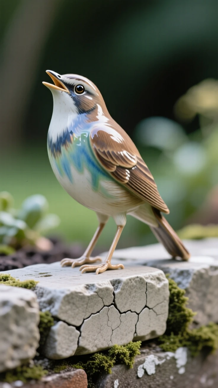 A nightingale singing atop a garden wall perched gracefully in a moment of stillness, with iridescent feathers catching the light, conveying effortless elegance in motion.