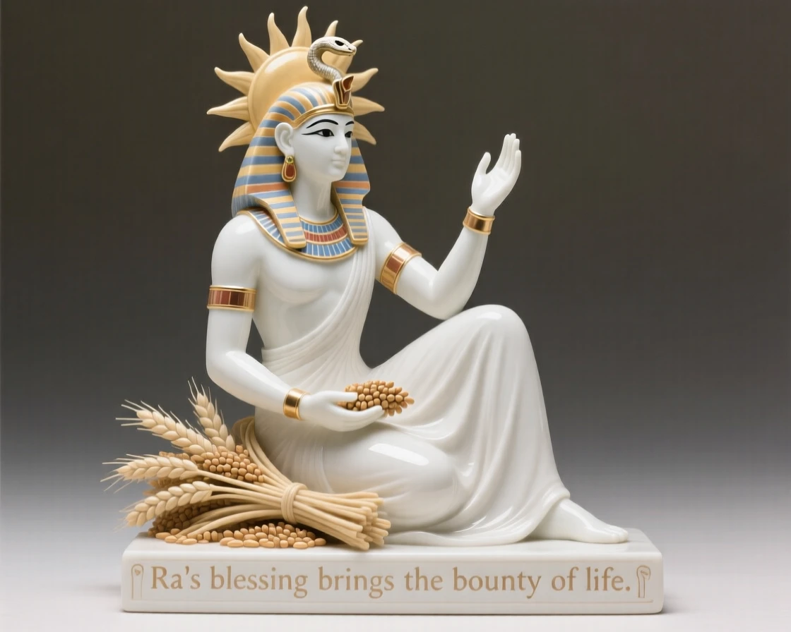 A mythological moment: an Egyptian sun deity offering a blessing over a harvest, rendered with timeless, classical grace.