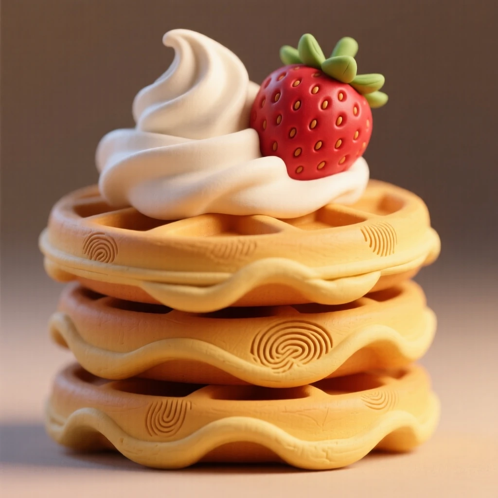 A stack of golden waffles topped with whipped cream and strawberries