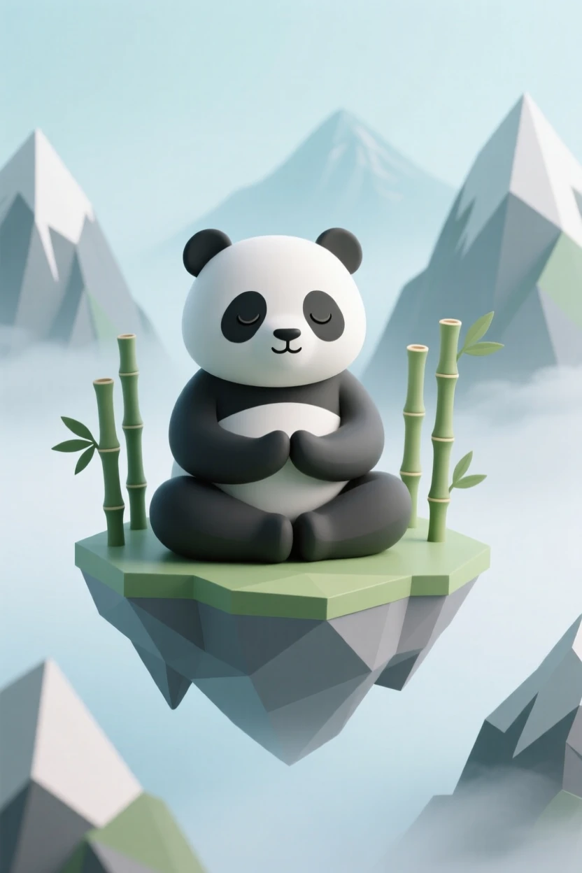 A gentle giant panda spirit meditates atop a floating bamboo island drifting through misty mountain peaks.