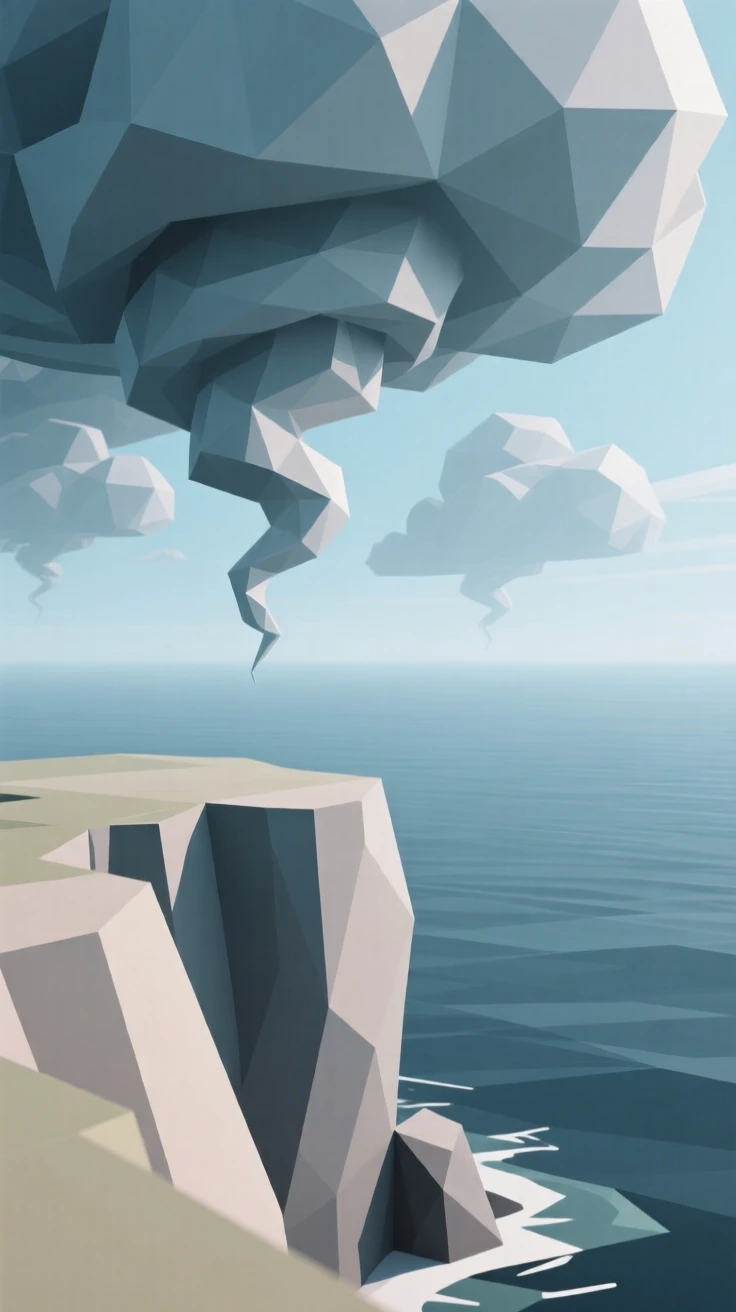 A cliffside overlooking an endless ocean, under swirling storm clouds. fine atmospheric haze adds depth to the distance. The mood is dreamy and otherworldly.