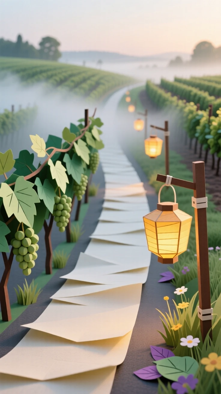 A vineyard-covered countryside road quiet and misty at early dawn, with lanterns swaying gently in the breeze, conveying vibrant local energy.