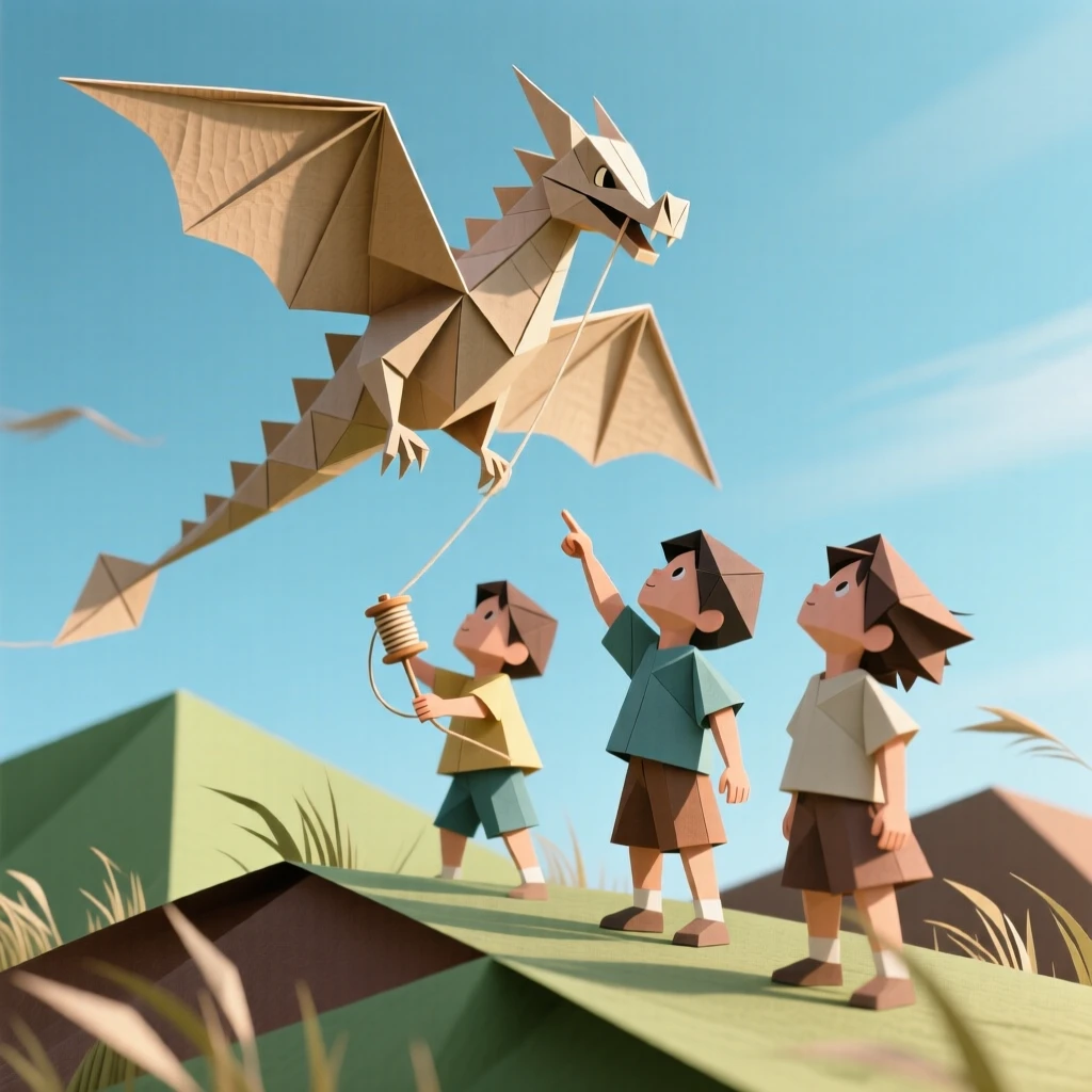 A group of children flying a homemade kite shaped like a dragon on a windy hill.