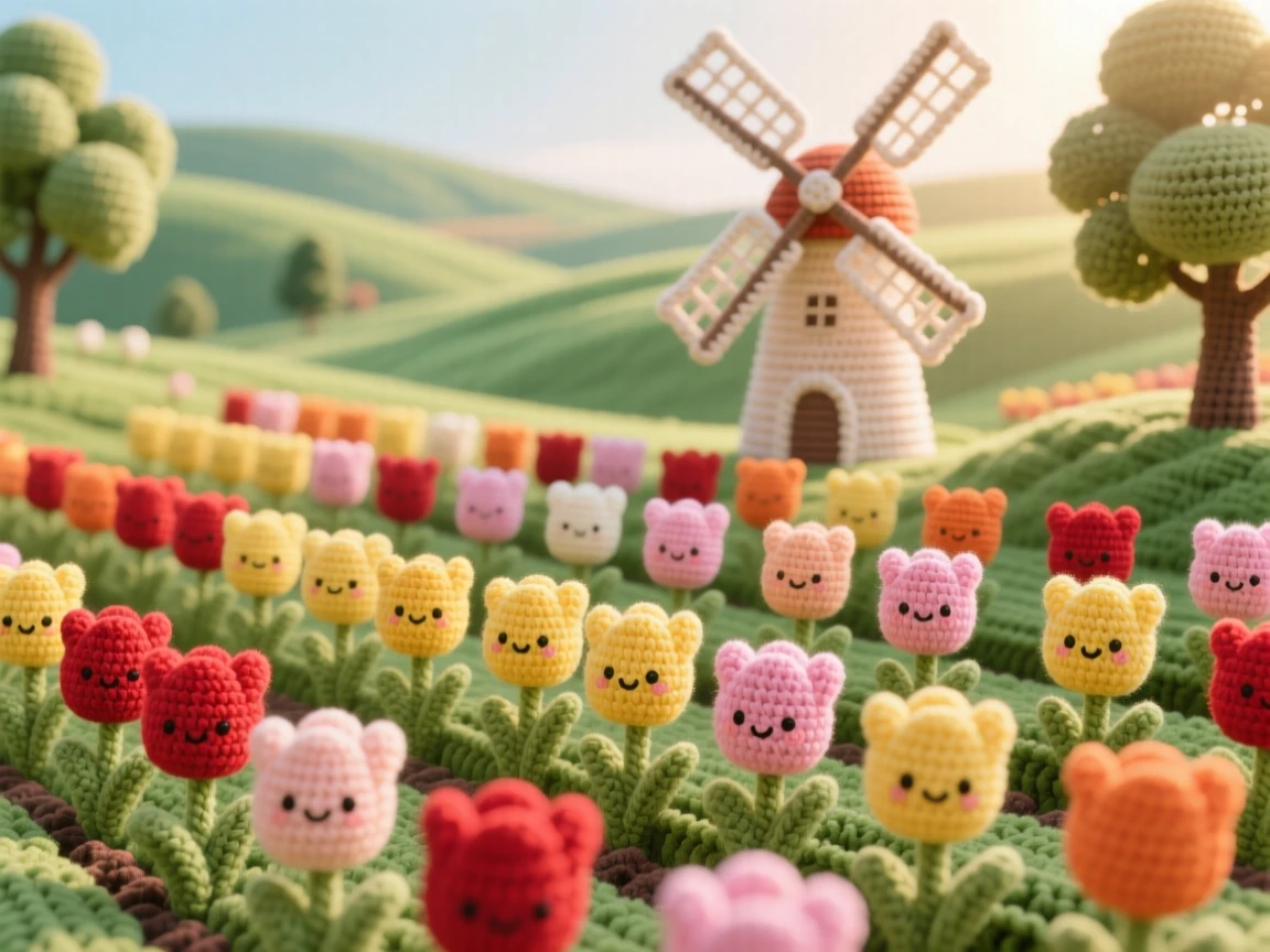 a field of tulips in neat rows, bursting with bright color, stretching toward a distant windmill nestled within a quiet, secluded valley; a soft beam of light breaking through the trees completes the scene, full of calm, restorative stillness.