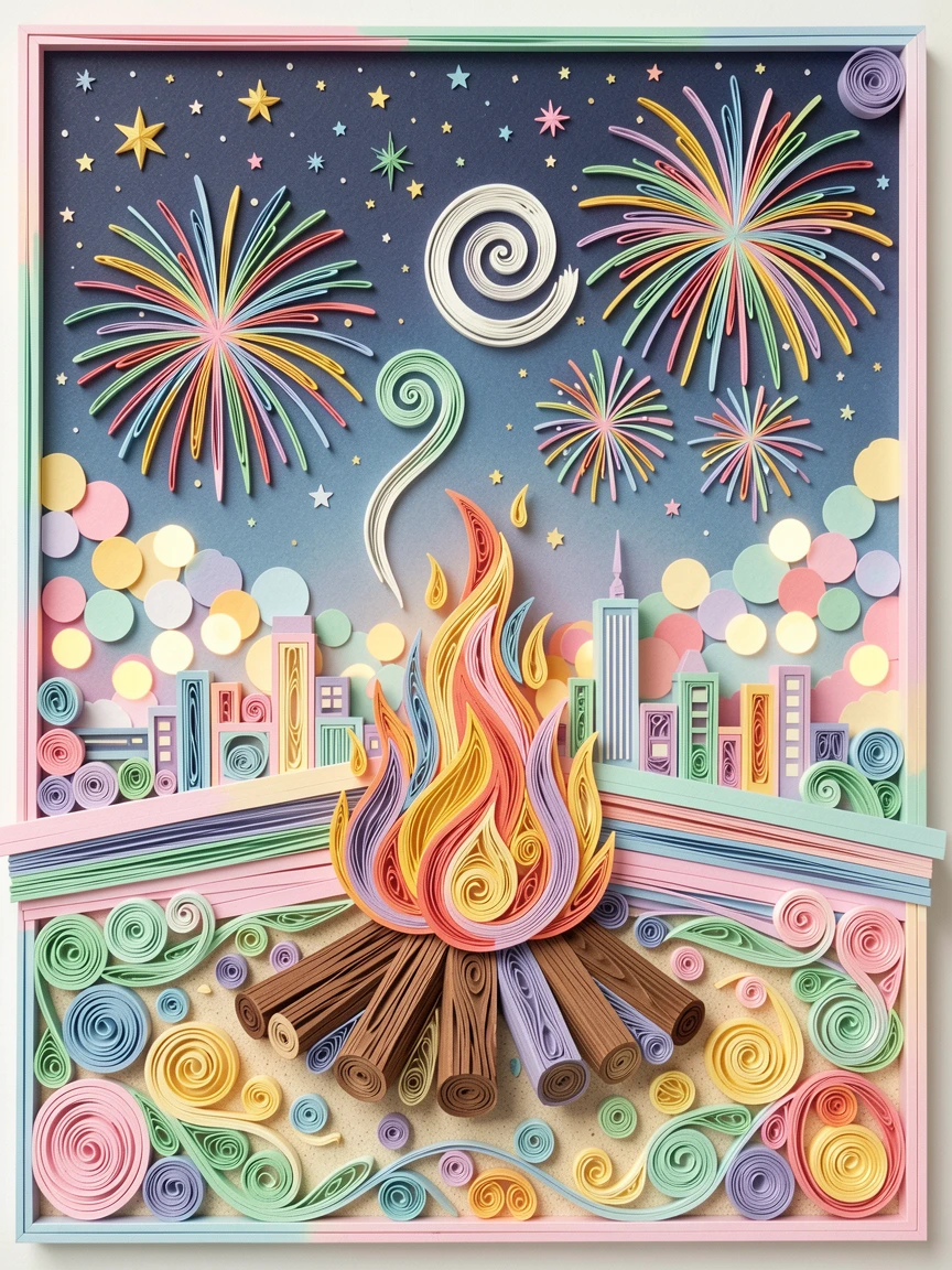 a summer beach bonfire under a starry sky, on a rooftop overlooking a fireworks-lit skyline, captured with festive bokeh lights in the background, in bright cheerful pastel spring colors.