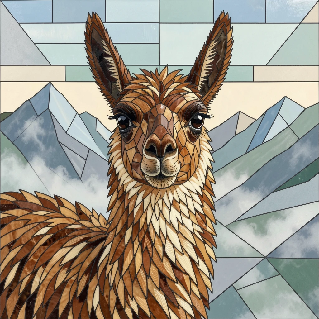 A close-up portrait of a llama standing on a misty Andean mountainside, showing rich fur or feather detail and expressive eyes.