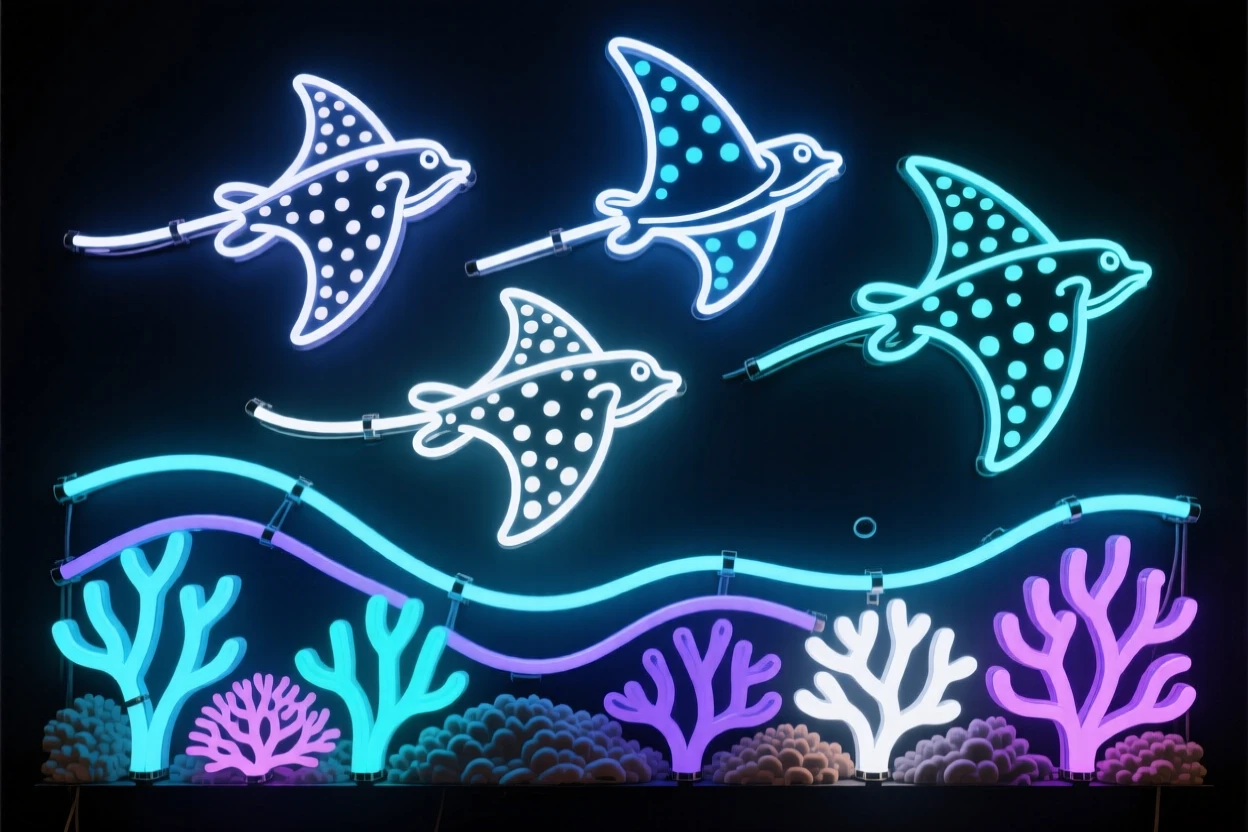 A group of spotted eagle rays gliding in formation over a reef.