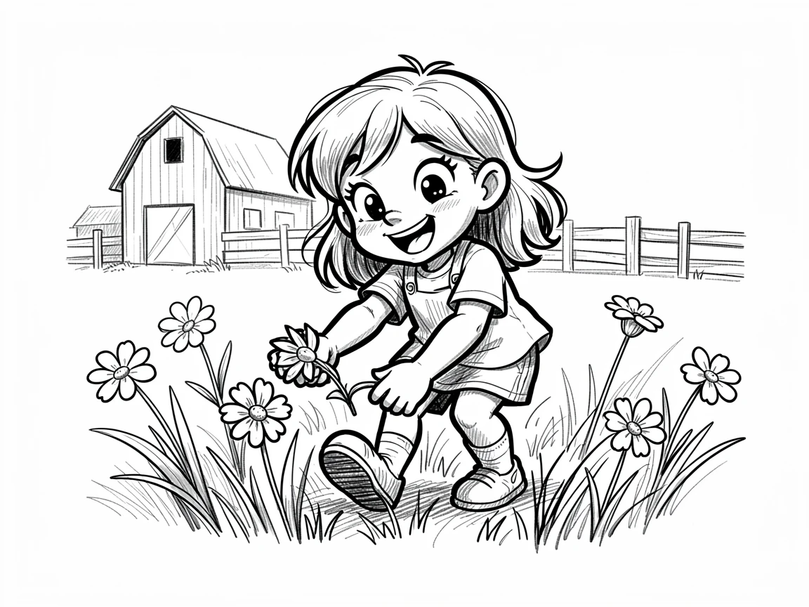 A little girl picking flowers in a meadow on a farm during a visit.