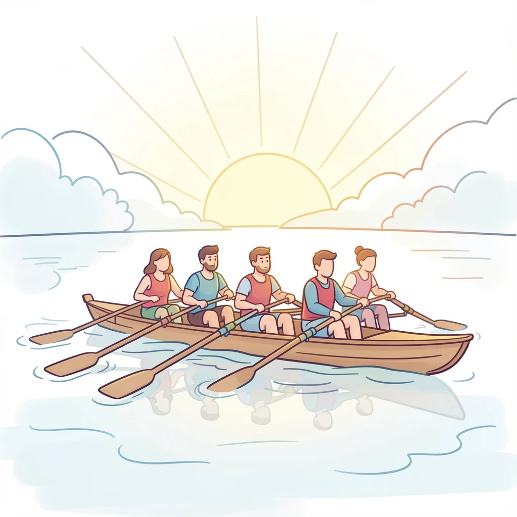 A rowing team gliding across a misty lake at sunrise.