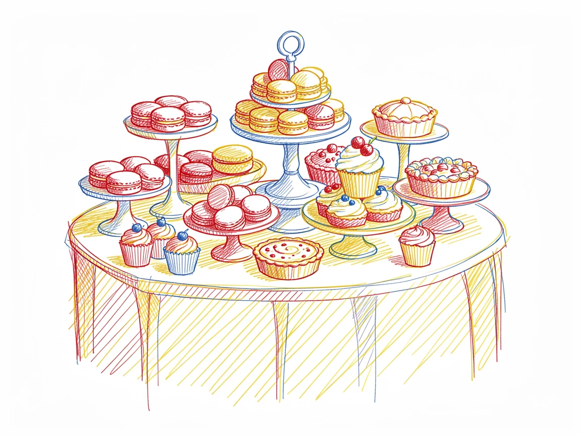 A dessert table with a rainbow of macarons, cupcakes, and tarts