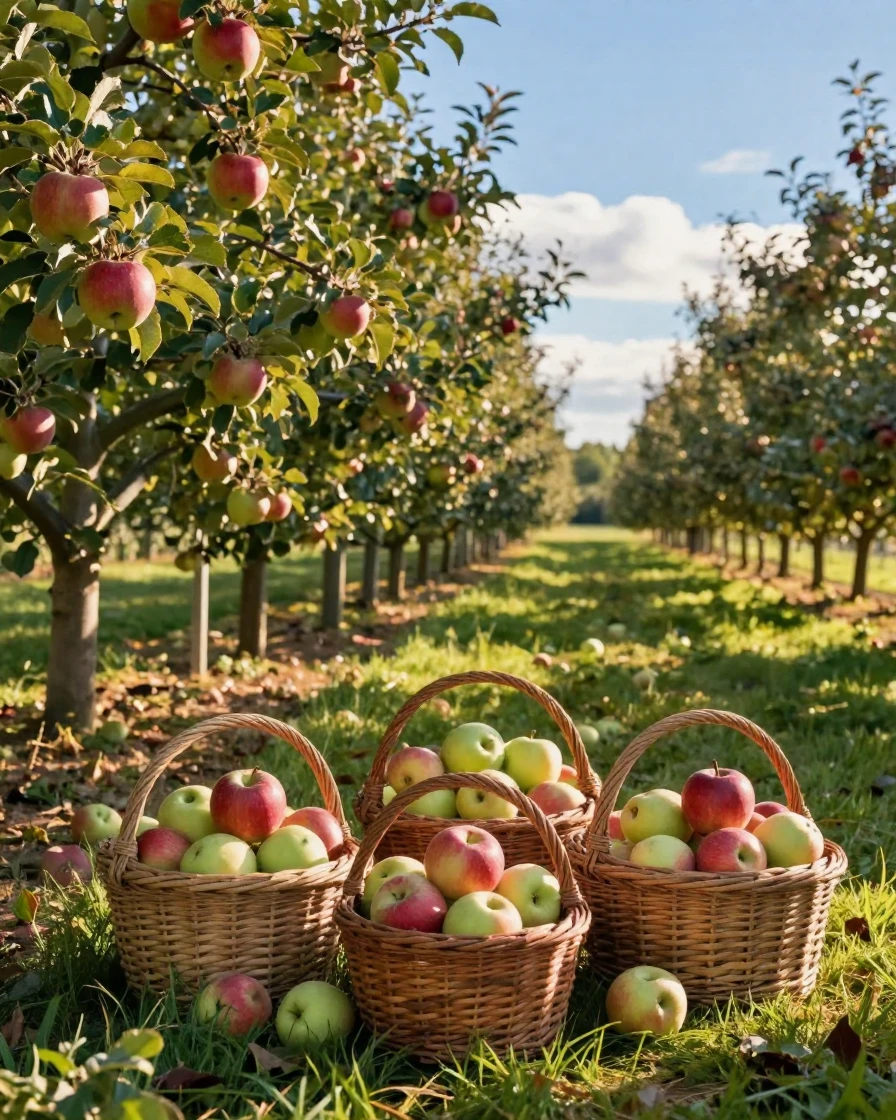 An apple orchard with baskets of freshly picked fruit
