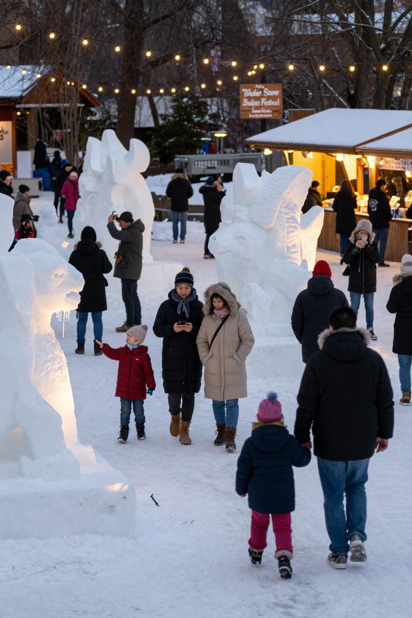 A snow sculpture festival draws crowds to admire towering ice carvings under string lights.