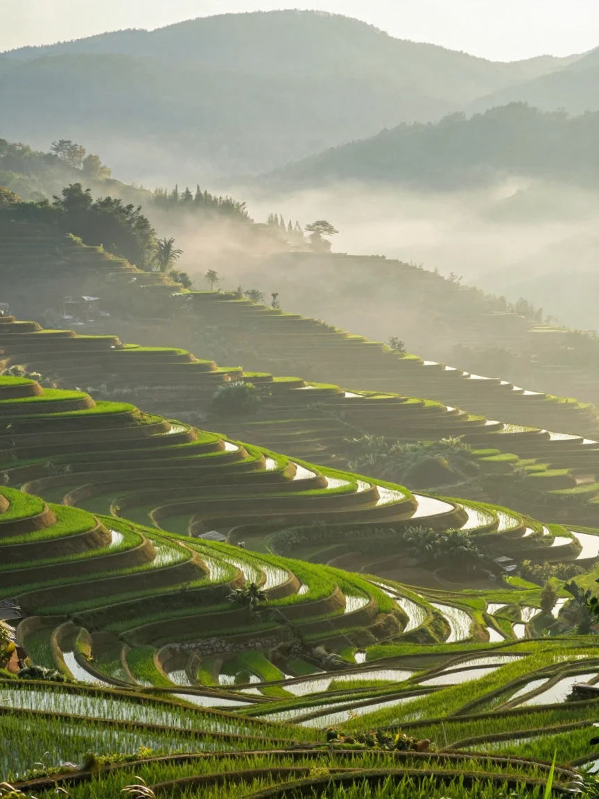 Terraced rice paddies glowing emerald green under soft morning fog in the mountains