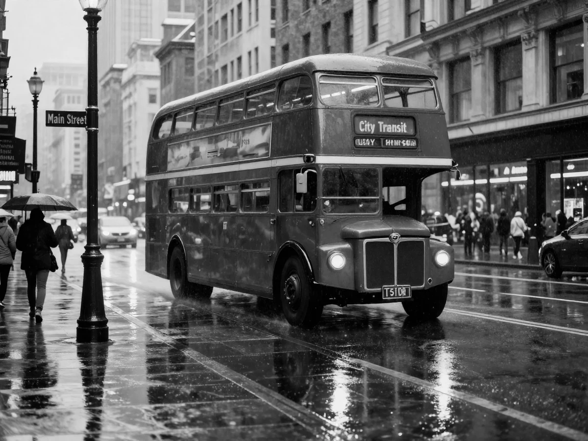 A red double-decker bus winds through busy city streets along a rain-soaked avenue.