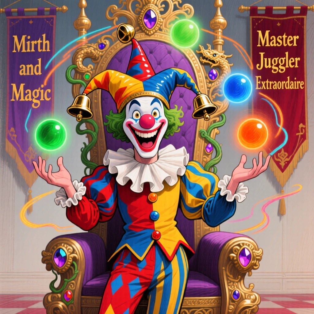A royal court jester juggling glowing orbs before a fantastical throne.