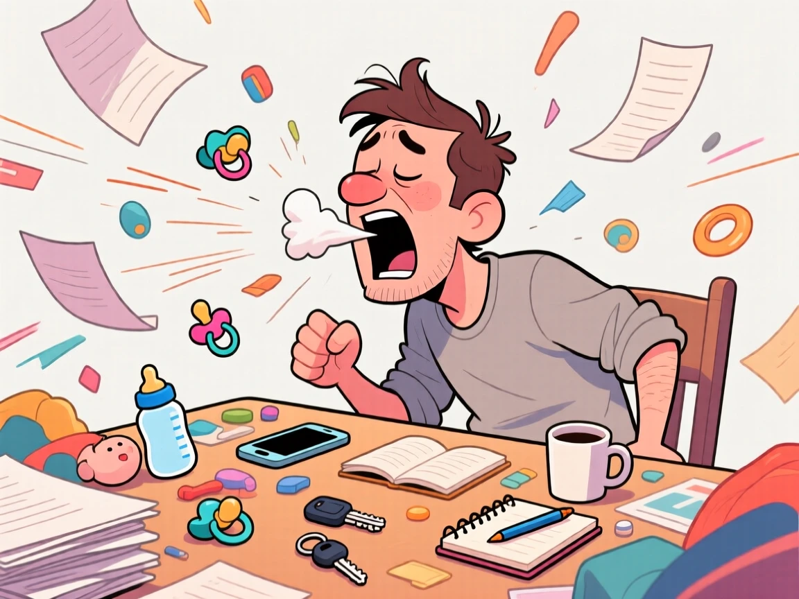 A funny expressive moment showing a new dad sneezing so hard everything on the table jumps, as papers and belongings scatter everywhere.