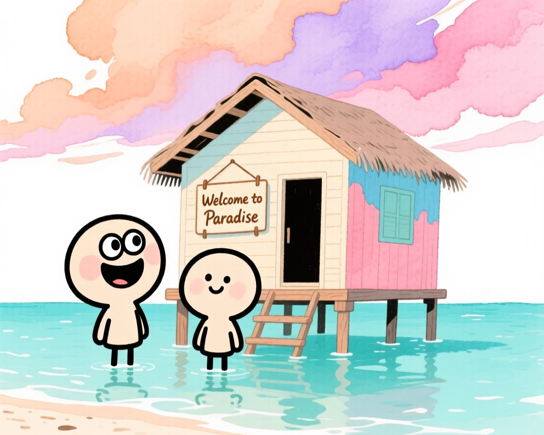 A dreamy travel postcard scene of a beach hut over turquoise waters in the Maldives under a dramatic pastel sky