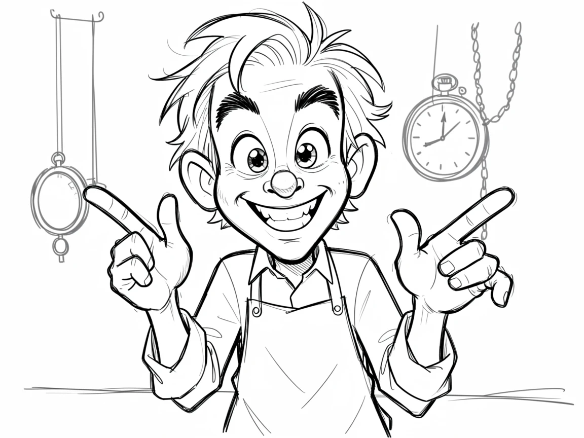 [People Portraits & Characters] Portrait of a energetic clockmaker gesturing dramatically, full of personality and charm