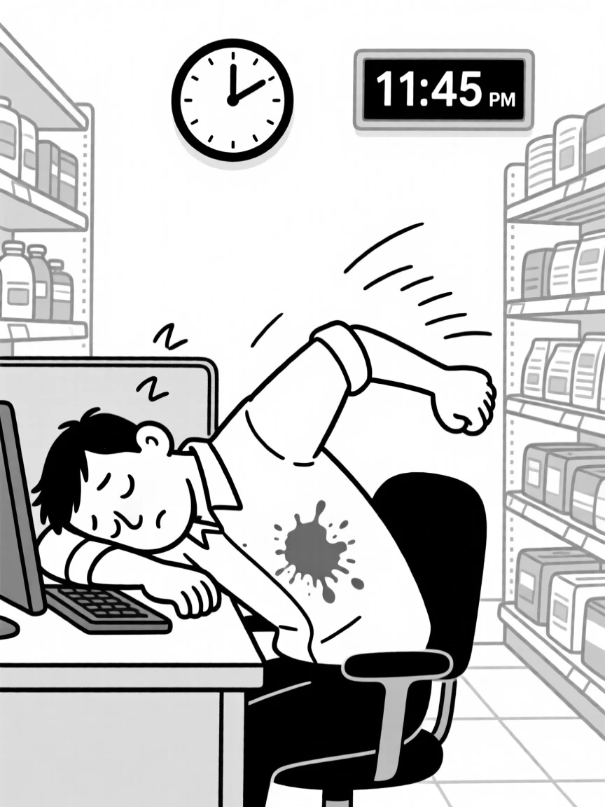 A office worker asleep at his desk with a coffee stain on his shirt, flailing one arm while sprinting at full speed, set in a bright grocery aisle. A clock on the wall reads an alarmingly late hour. It's the kind of relatable blunder everyone secretly recognizes.