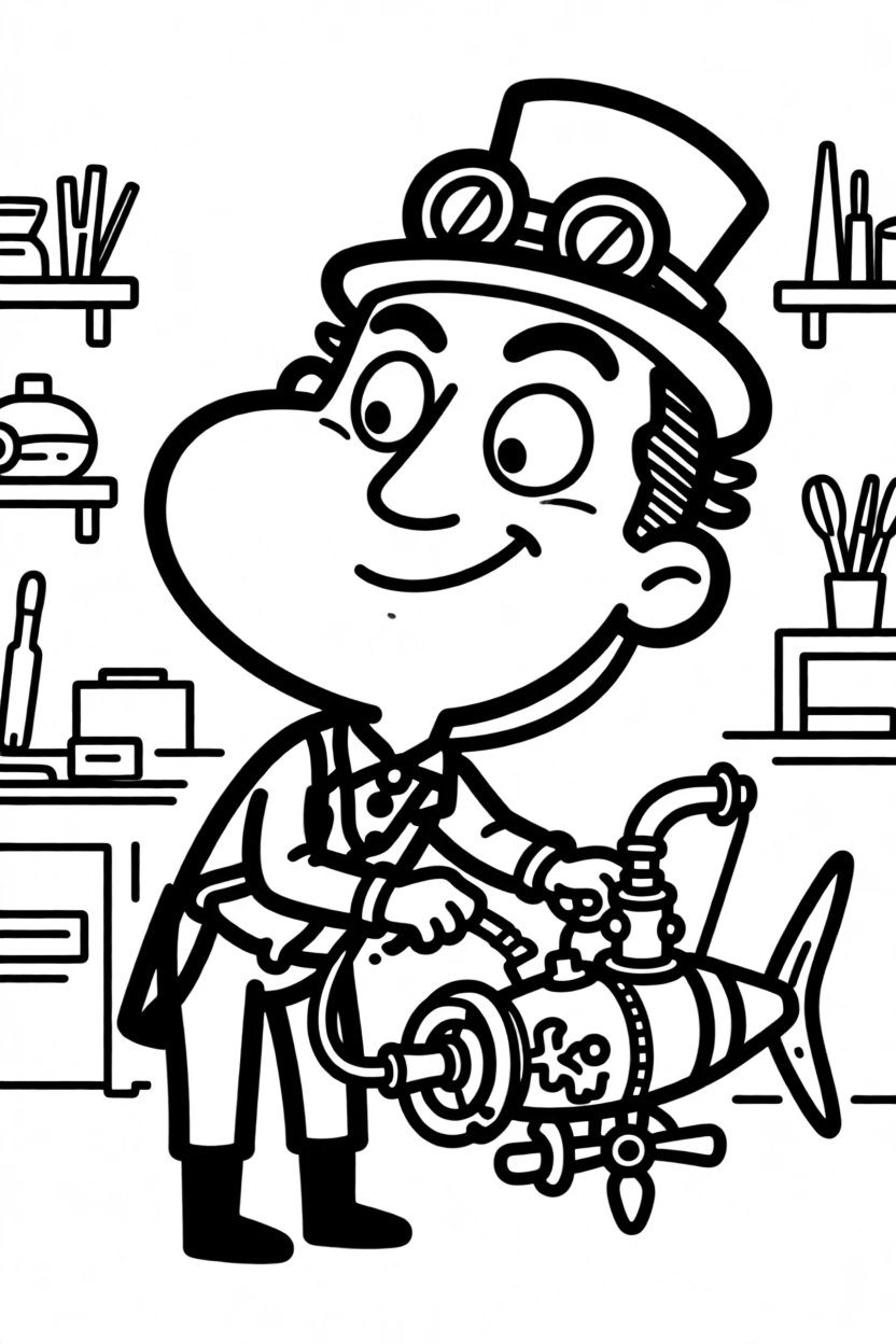 A steampunk inventor tinkering with a whimsical brass flying contraption in a workshop.