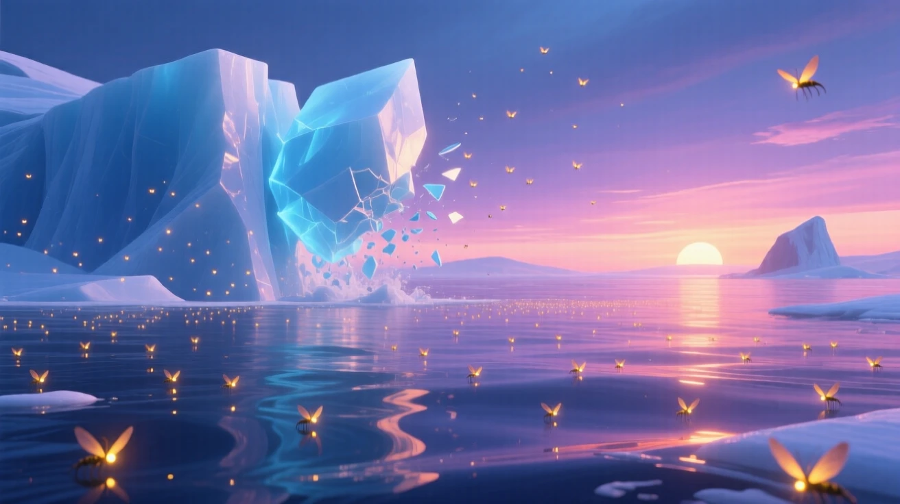 A glacier calving into the sea glows as fireflies begin to flicker in the twilight, with reflections shimmering perfectly on the water's surface. The mood is serene, vast, and quietly majestic.