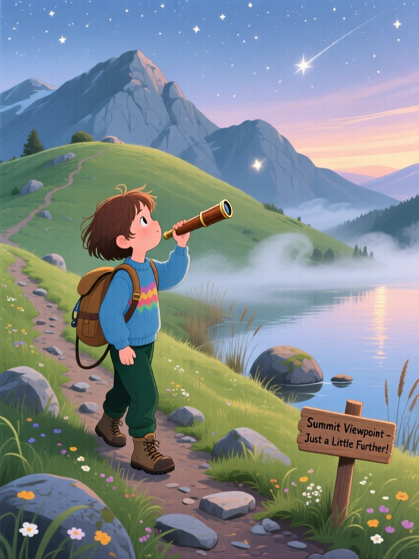 A young stargazer with a telescope pauses while climbing to the top of a grassy hill for the view in a rocky mountain trail, while a gentle mist rises from the water.