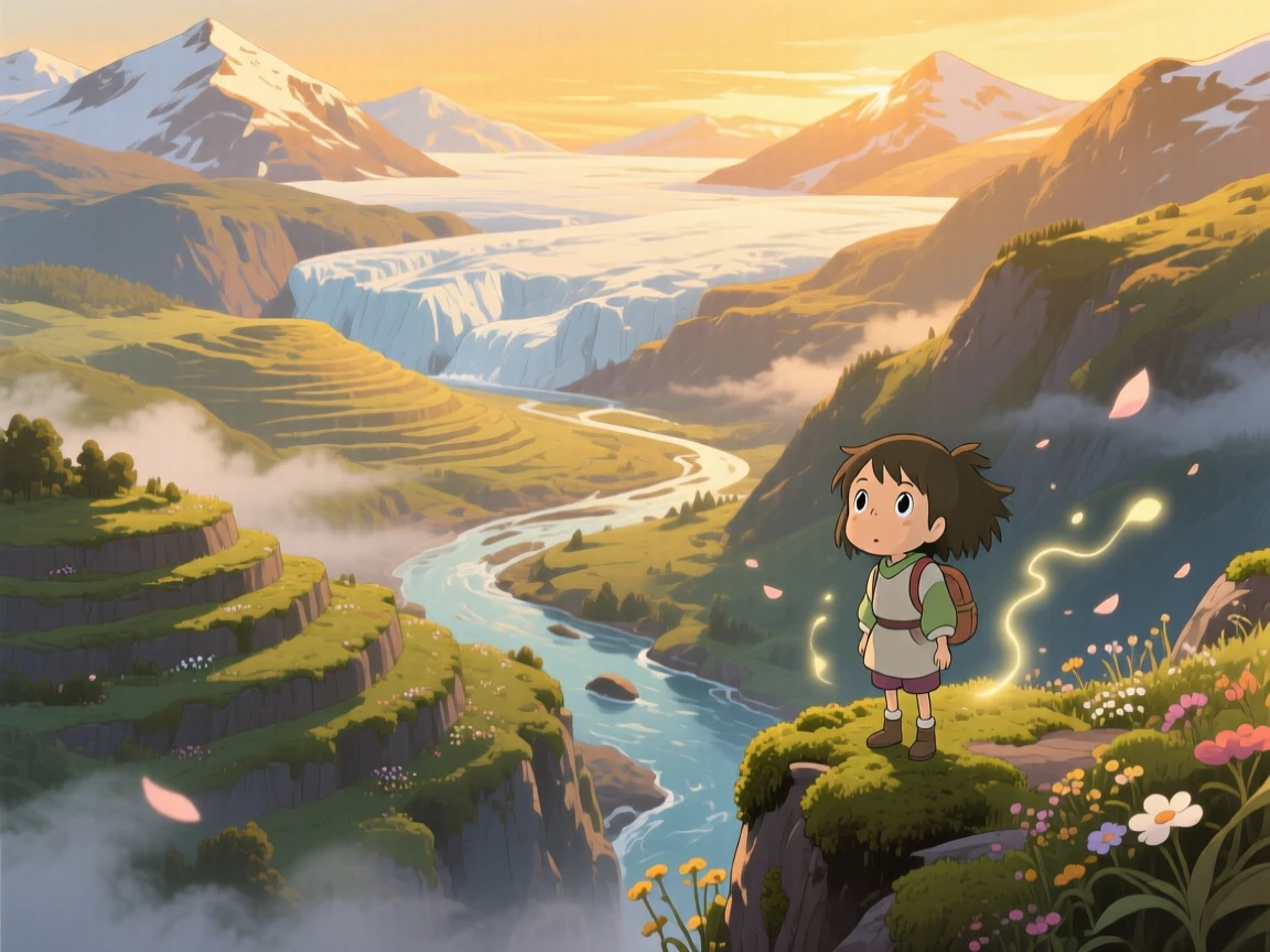 A breathtaking view of a glacier valley with braided rivers, with gentle terraces stepping down toward a valley floor, at golden hour, viewed from a high vantage point.