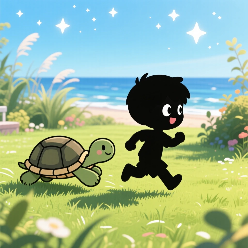 Silhouette composition: a boy and a turtle, racing slowly across the backyard, set against a sunny garden lawn on a breezy coastal afternoon, with sparkling starlight and a mood of wide-eyed wonder.