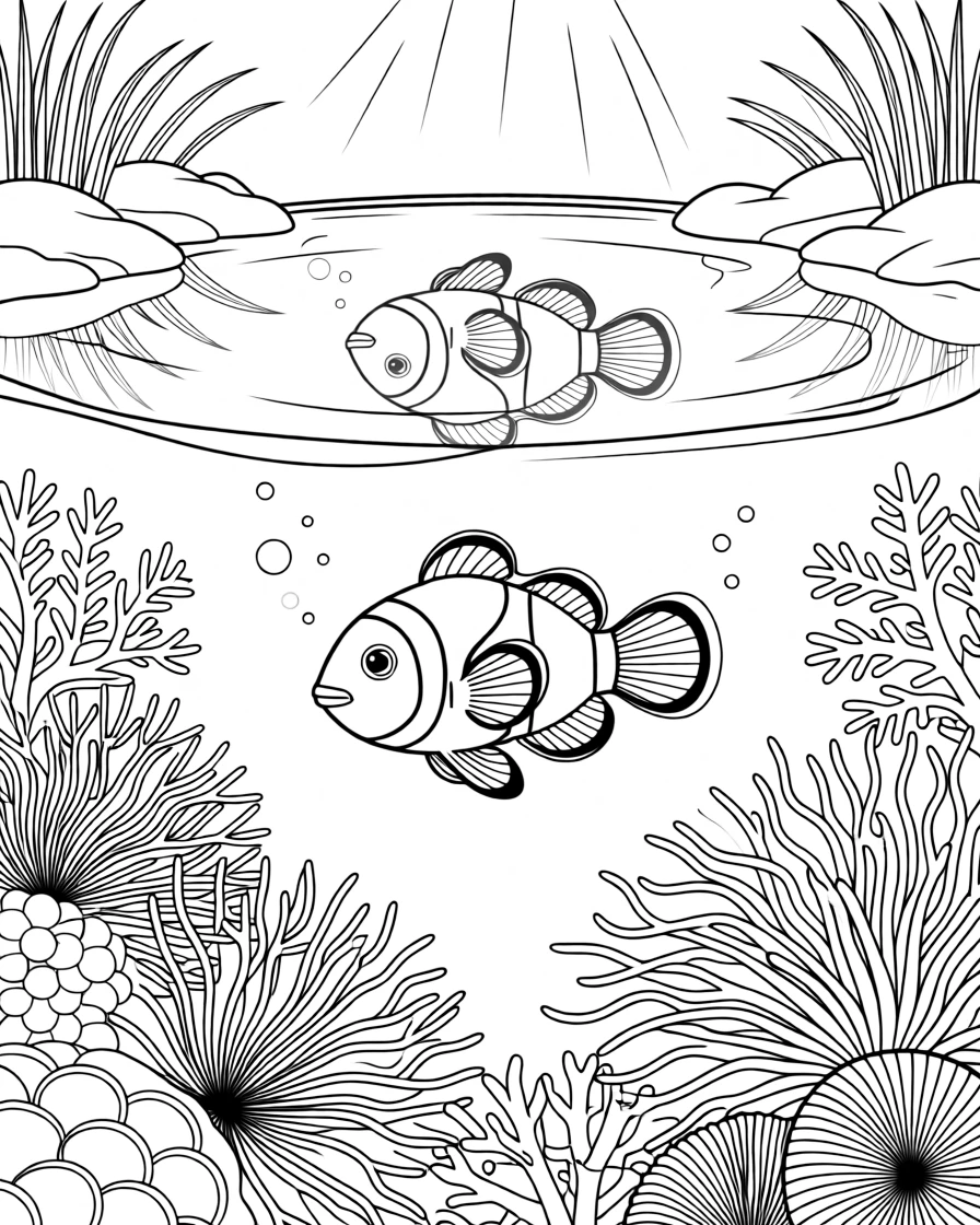 A clownfish among anemones swimming through a coral reef, with its reflection rippling in a still pond.