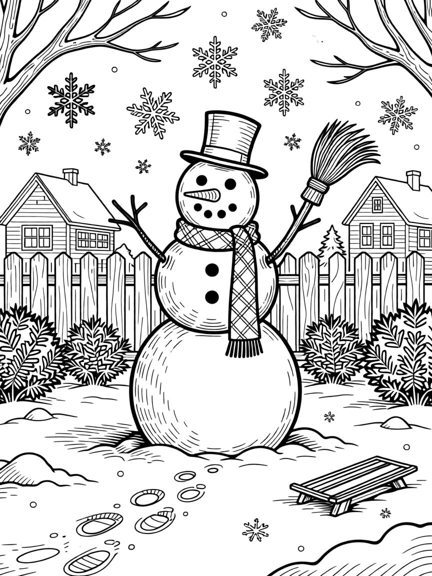 A winter snowman-building scene in a quiet neighborhood yard.