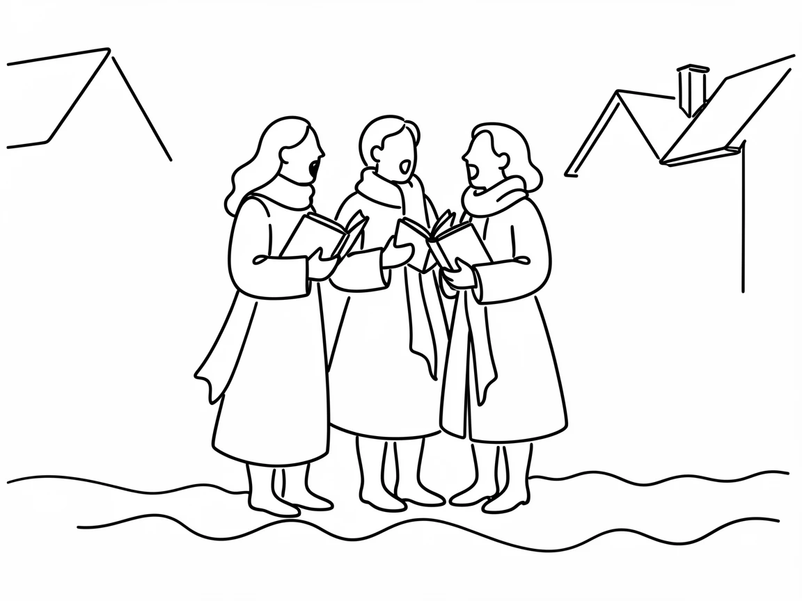 A group of carolers singing together on a snowy neighborhood street