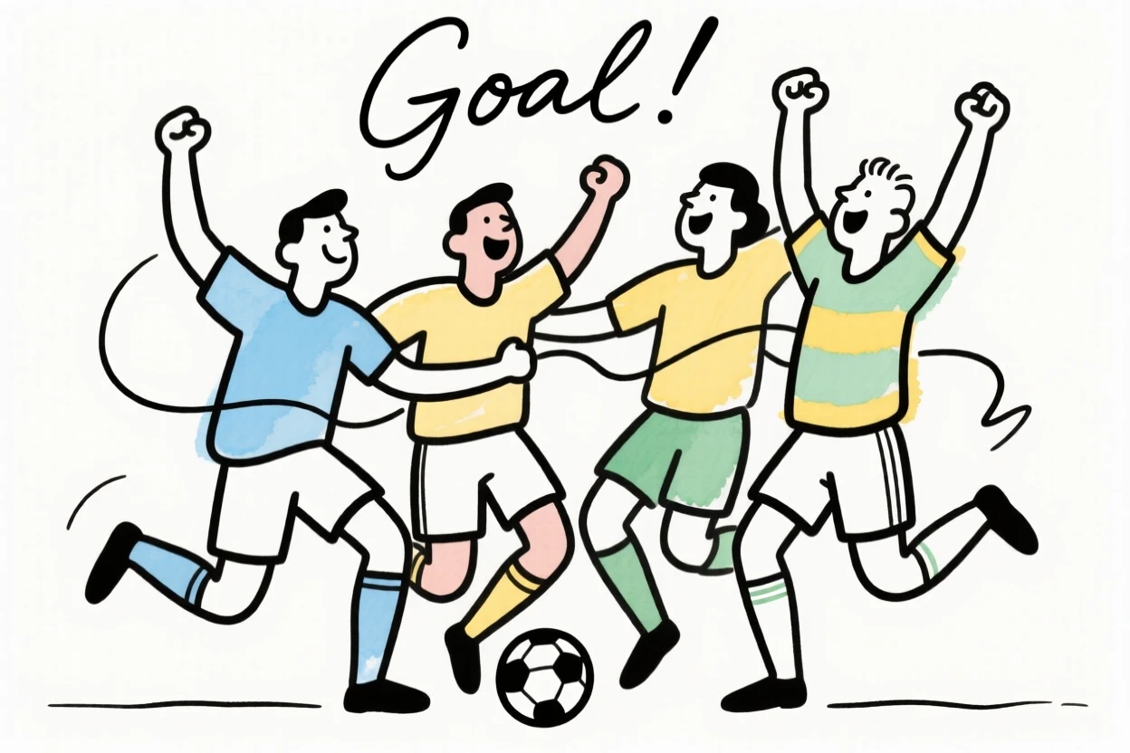 A soccer team celebrating a goal