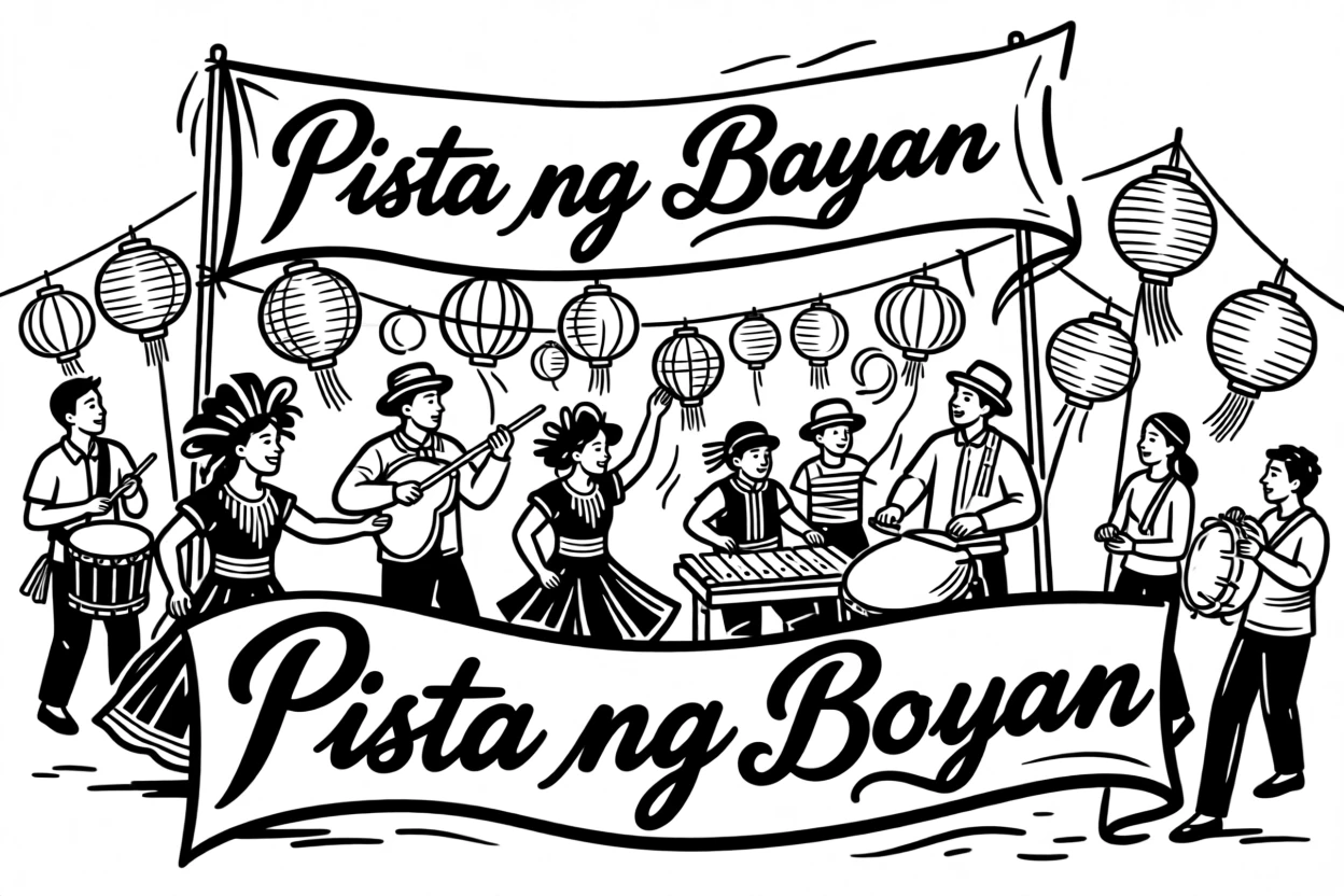 A traditional Filipino fiesta parade with colorful paper lanterns and banners.