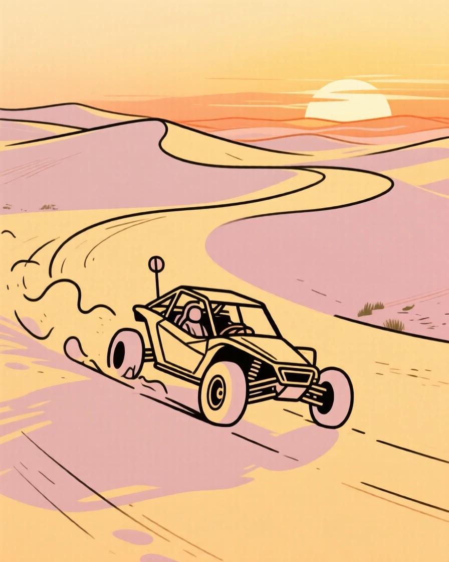 A dune buggy racing across golden sand dunes at sunset.